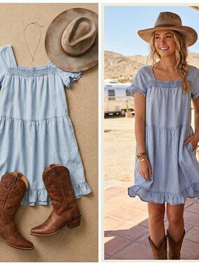 Wishlist Blue Denim Tiered Mini Dress Festival Stagecoach Coachella S/M